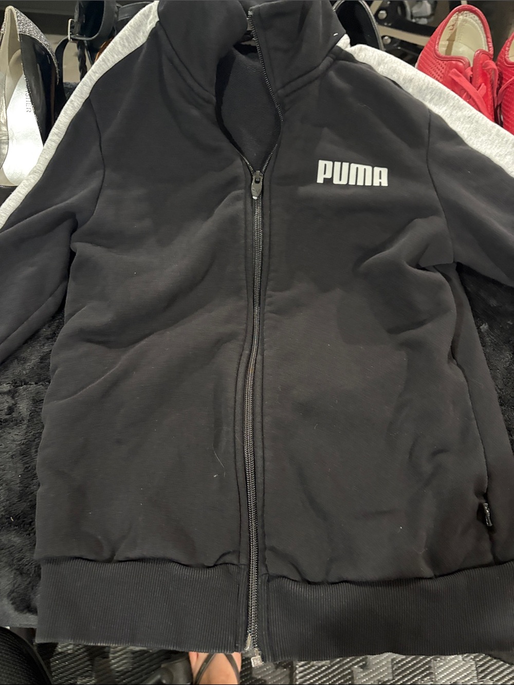 Puma Black Kids Zip-Up Jacket with Gray Sleeves